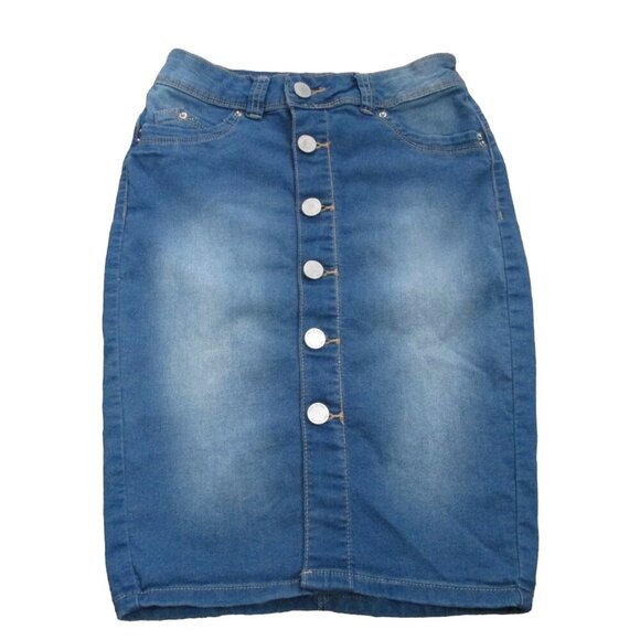 YMI Wanna Betta Butt Jean Skirt Womens‎ Size 1 Blue Button Up Denim Juniors - Picture 1 of 6